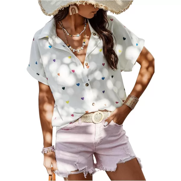 SweatyRocks Women's Heart Print Short Sleeve Button Down Shirt Top Collared Neck Summer Holiday Blouses