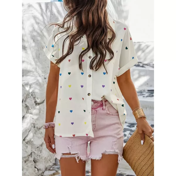 SweatyRocks Women's Heart Print Short Sleeve Button Down Shirt Top Collared Neck Summer Holiday Blouses
