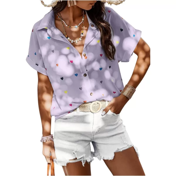 SweatyRocks Women's Heart Print Short Sleeve Button Down Shirt Top Collared Neck Summer Holiday Blouses