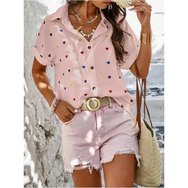 SweatyRocks Women's Heart Print Short Sleeve Button Down Shirt Top Collared Neck Summer Holiday Blouses