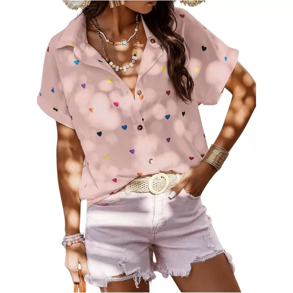 SweatyRocks Women's Heart Print Short Sleeve Button Down Shirt Top Collared Neck Summer Holiday Blouses