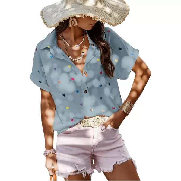 SweatyRocks Women's Heart Print Short Sleeve Button Down Shirt Top Collared Neck Summer Holiday Blouses