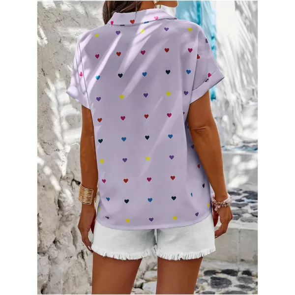 SweatyRocks Women's Heart Print Short Sleeve Button Down Shirt Top Collared Neck Summer Holiday Blouses