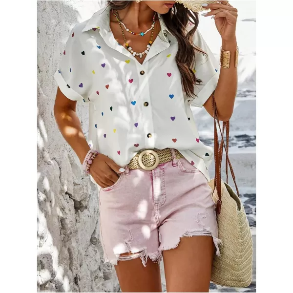 SweatyRocks Women's Heart Print Short Sleeve Button Down Shirt Top Collared Neck Summer Holiday Blouses