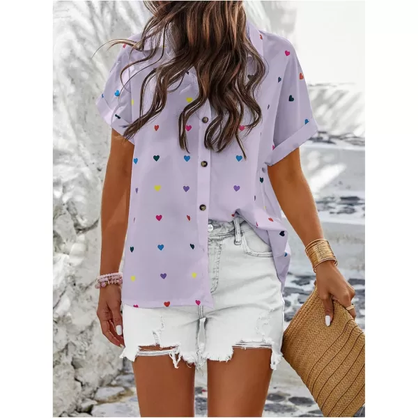 SweatyRocks Women's Heart Print Short Sleeve Button Down Shirt Top Collared Neck Summer Holiday Blouses