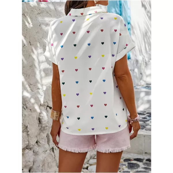 SweatyRocks Women's Heart Print Short Sleeve Button Down Shirt Top Collared Neck Summer Holiday Blouses