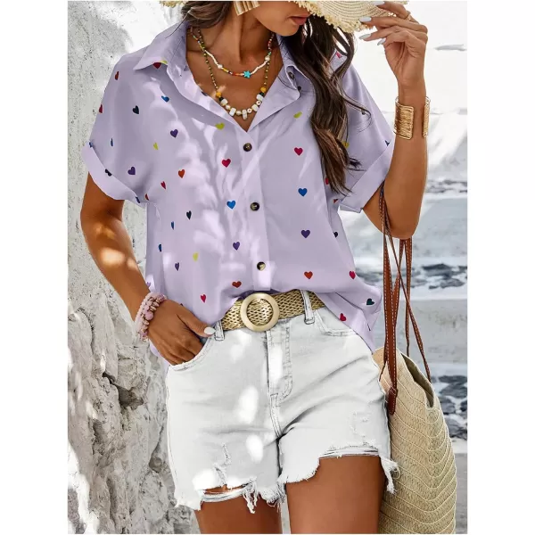 SweatyRocks Women's Heart Print Short Sleeve Button Down Shirt Top Collared Neck Summer Holiday Blouses