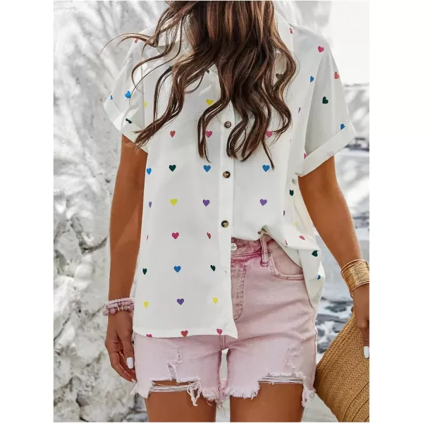 SweatyRocks Women's Heart Print Short Sleeve Button Down Shirt Top Collared Neck Summer Holiday Blouses