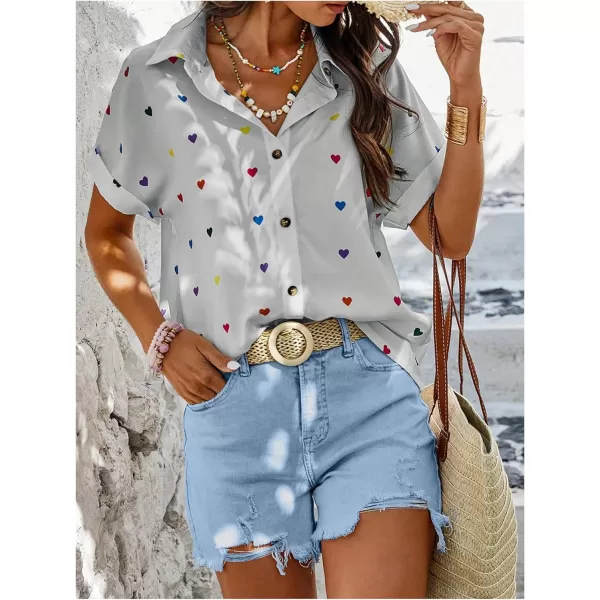 SweatyRocks Women's Heart Print Short Sleeve Button Down Shirt Top Collared Neck Summer Holiday Blouses