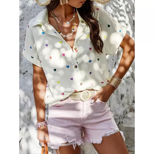 SweatyRocks Women's Heart Print Short Sleeve Button Down Shirt Top Collared Neck Summer Holiday Blouses