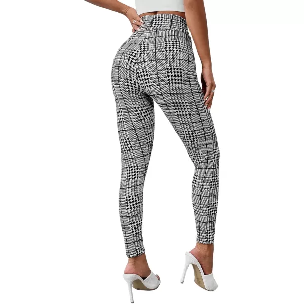 SweatyRocks Women's High Elastic Waisted Plaid Leggings Wide Waistband Stretchy Skinny Work Pants