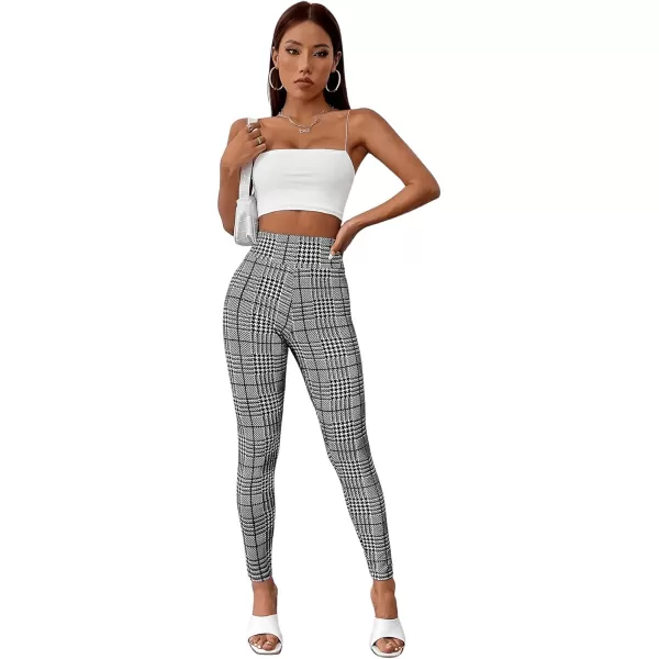 SweatyRocks Women's High Elastic Waisted Plaid Leggings Wide Waistband Stretchy Skinny Work Pants