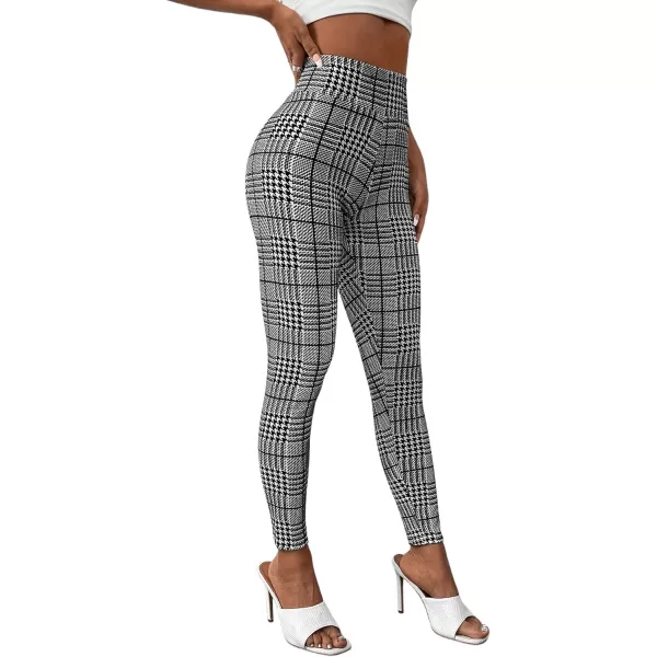 SweatyRocks Women's High Elastic Waisted Plaid Leggings Wide Waistband Stretchy Skinny Work Pants
