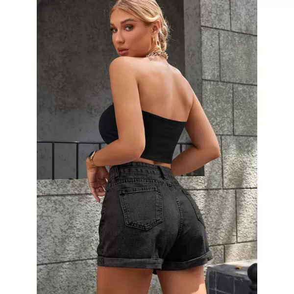 SweatyRocks Women's High Rise Roll Up Hem Straight Leg Denim Jean Shorts with Pocket