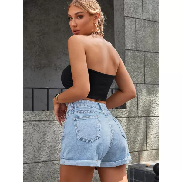 SweatyRocks Women's High Rise Roll Up Hem Straight Leg Denim Jean Shorts with Pocket
