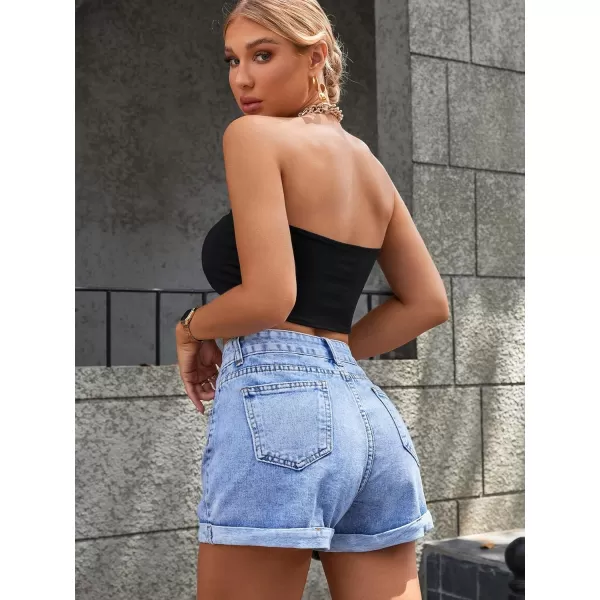 SweatyRocks Women's High Rise Roll Up Hem Straight Leg Denim Jean Shorts with Pocket