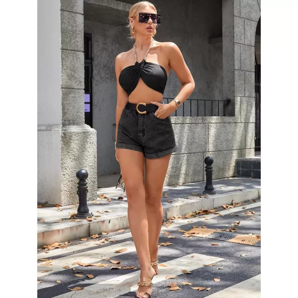 SweatyRocks Women's High Rise Roll Up Hem Straight Leg Denim Jean Shorts with Pocket