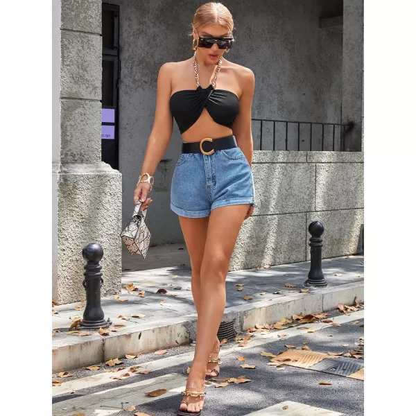 SweatyRocks Women's High Rise Roll Up Hem Straight Leg Denim Jean Shorts with Pocket