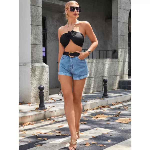 SweatyRocks Women's High Rise Roll Up Hem Straight Leg Denim Jean Shorts with Pocket
