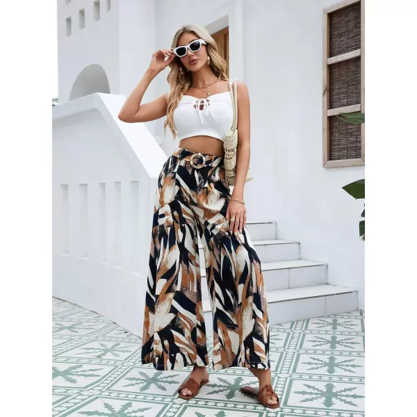 SweatyRocks Women's High Waist Belted Pockets Pants Graphic Print Wide Leg Loose Palazzo Pants Trousers