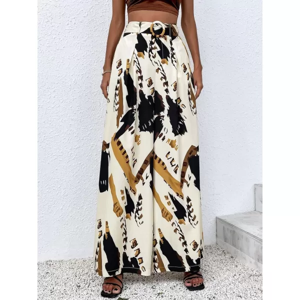 SweatyRocks Women's High Waist Belted Pockets Pants Graphic Print Wide Leg Loose Palazzo Pants Trousers