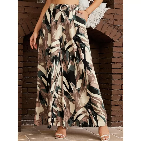 SweatyRocks Women's High Waist Belted Pockets Pants Graphic Print Wide Leg Loose Palazzo Pants Trousers