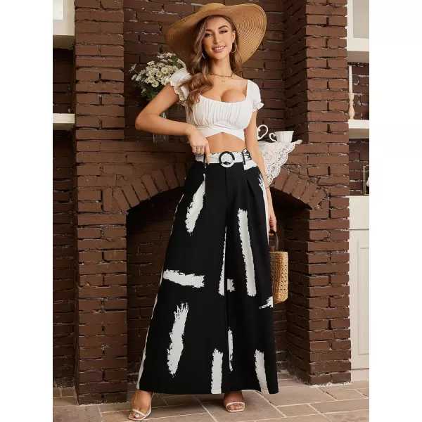 SweatyRocks Women's High Waist Belted Pockets Pants Graphic Print Wide Leg Loose Palazzo Pants Trousers