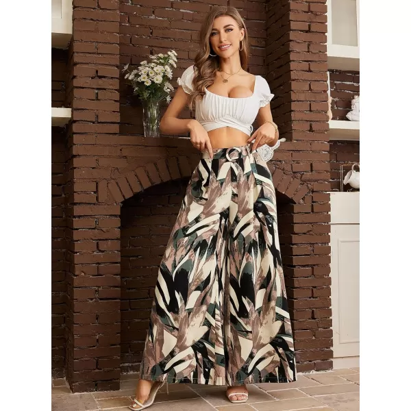 SweatyRocks Women's High Waist Belted Pockets Pants Graphic Print Wide Leg Loose Palazzo Pants Trousers