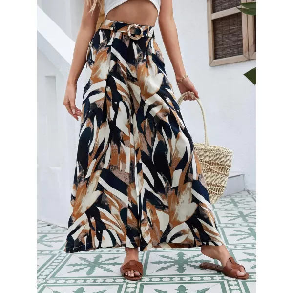 SweatyRocks Women's High Waist Belted Pockets Pants Graphic Print Wide Leg Loose Palazzo Pants Trousers