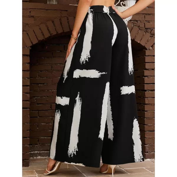 SweatyRocks Women's High Waist Belted Pockets Pants Graphic Print Wide Leg Loose Palazzo Pants Trousers