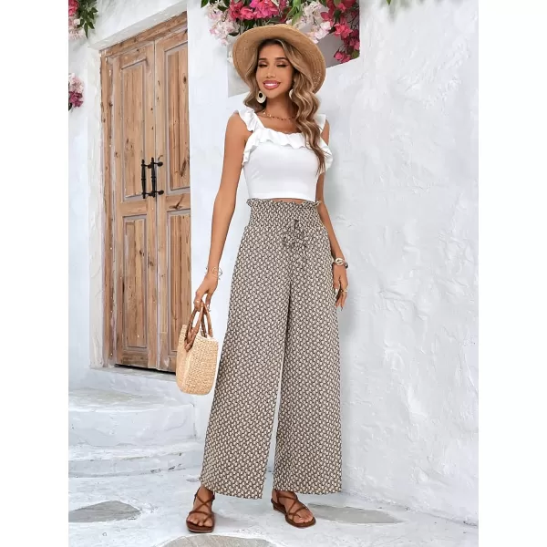 SweatyRocks Women's High Waist Belted Pockets Pants Graphic Print Wide Leg Loose Palazzo Pants Trousers