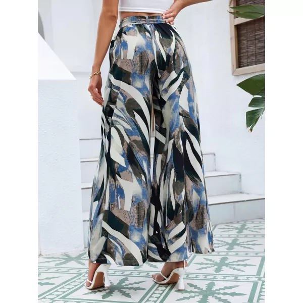 SweatyRocks Women's High Waist Belted Pockets Pants Graphic Print Wide Leg Loose Palazzo Pants Trousers