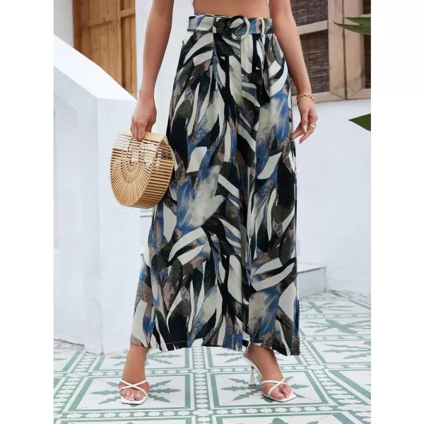 SweatyRocks Women's High Waist Belted Pockets Pants Graphic Print Wide Leg Loose Palazzo Pants Trousers