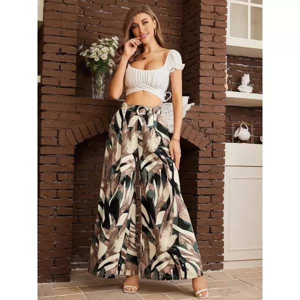 SweatyRocks Women's High Waist Belted Pockets Pants Graphic Print Wide Leg Loose Palazzo Pants Trousers