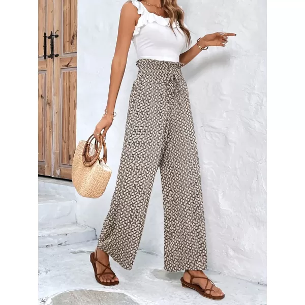 SweatyRocks Women's High Waist Belted Pockets Pants Graphic Print Wide Leg Loose Palazzo Pants Trousers
