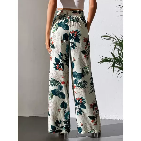 SweatyRocks Women's High Waist Belted Pockets Pants Graphic Print Wide Leg Loose Palazzo Pants Trousers