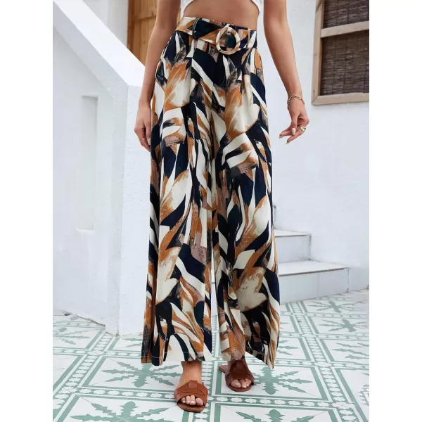 SweatyRocks Women's High Waist Belted Pockets Pants Graphic Print Wide Leg Loose Palazzo Pants Trousers