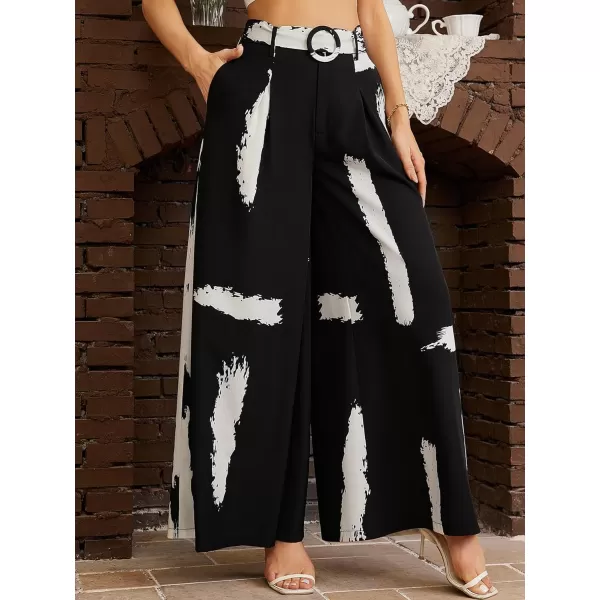 SweatyRocks Women's High Waist Belted Pockets Pants Graphic Print Wide Leg Loose Palazzo Pants Trousers