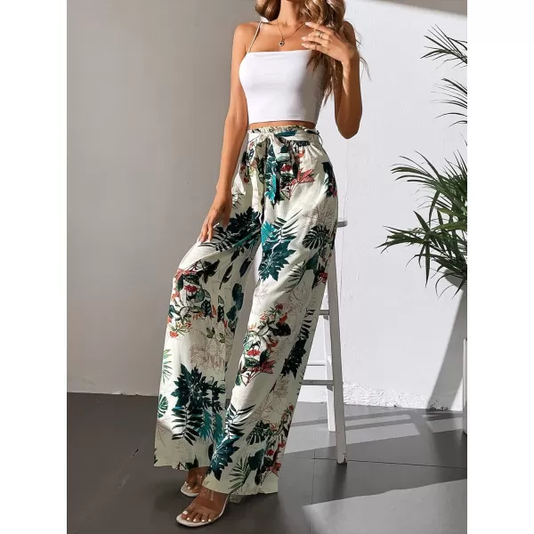 SweatyRocks Women's High Waist Belted Pockets Pants Graphic Print Wide Leg Loose Palazzo Pants Trousers