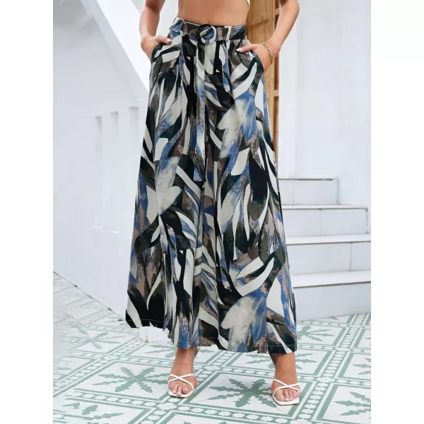 SweatyRocks Women's High Waist Belted Pockets Pants Graphic Print Wide Leg Loose Palazzo Pants Trousers