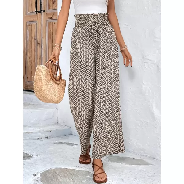 SweatyRocks Women's High Waist Belted Pockets Pants Graphic Print Wide Leg Loose Palazzo Pants Trousers