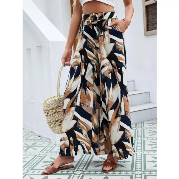 SweatyRocks Women's High Waist Belted Pockets Pants Graphic Print Wide Leg Loose Palazzo Pants Trousers