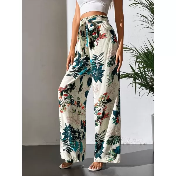 SweatyRocks Women's High Waist Belted Pockets Pants Graphic Print Wide Leg Loose Palazzo Pants Trousers