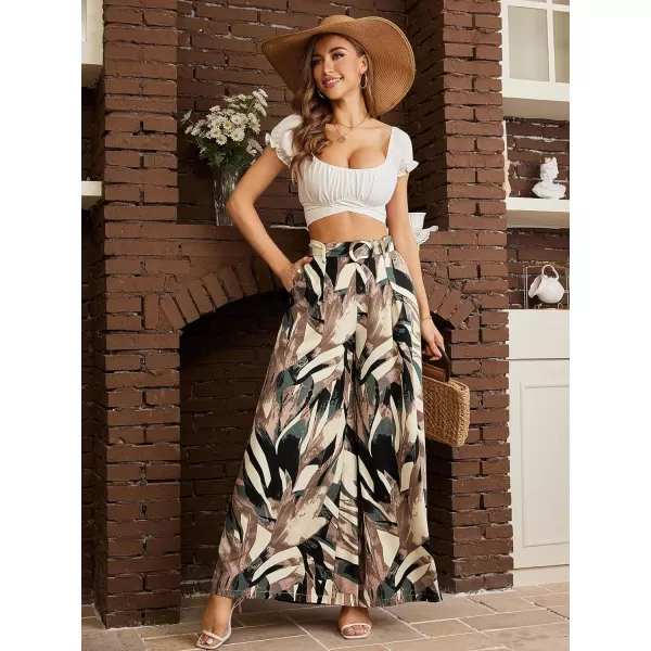 SweatyRocks Women's High Waist Belted Pockets Pants Graphic Print Wide Leg Loose Palazzo Pants Trousers