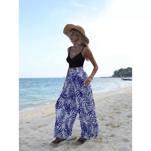 SweatyRocks Women's High Waist Belted Pockets Pants Graphic Print Wide Leg Loose Palazzo Pants Trousers