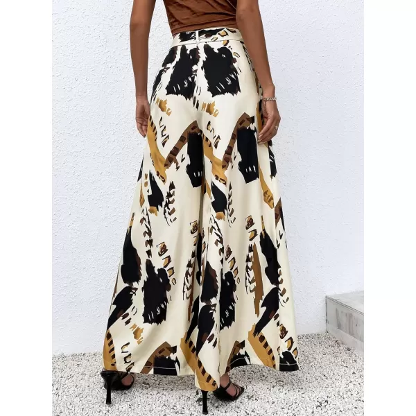SweatyRocks Women's High Waist Belted Pockets Pants Graphic Print Wide Leg Loose Palazzo Pants Trousers