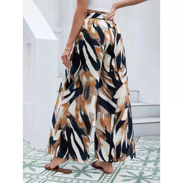SweatyRocks Women's High Waist Belted Pockets Pants Graphic Print Wide Leg Loose Palazzo Pants Trousers