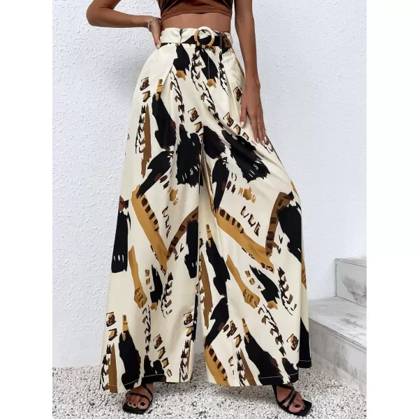 SweatyRocks Women's High Waist Belted Pockets Pants Graphic Print Wide Leg Loose Palazzo Pants Trousers