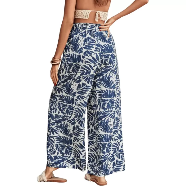 SweatyRocks Women's High Waist Belted Pockets Pants Graphic Print Wide Leg Loose Palazzo Pants Trousers