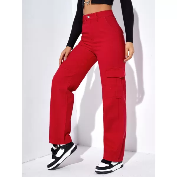 SweatyRocks Women's High Waist Cargo Jeans Flap Pocket Wide Leg Denim Pants